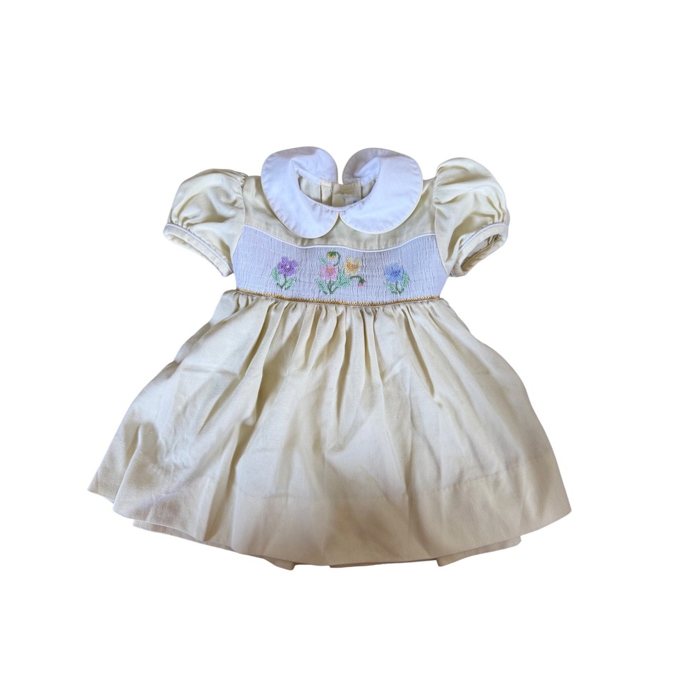Vintage House of Hatten Yellow Corduroy Smocked Floral Baby Dress Size 12M